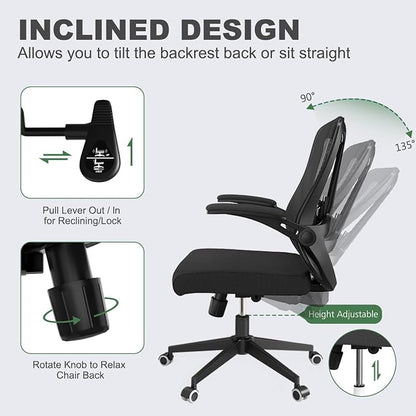 Ergonomic Office Chair - 350LB Comfy Desk Chairs with Lumbar Back Support, Mesh Computer Chairs with Wheels and Arms for Home Office, Study (Black-Without Headrest)