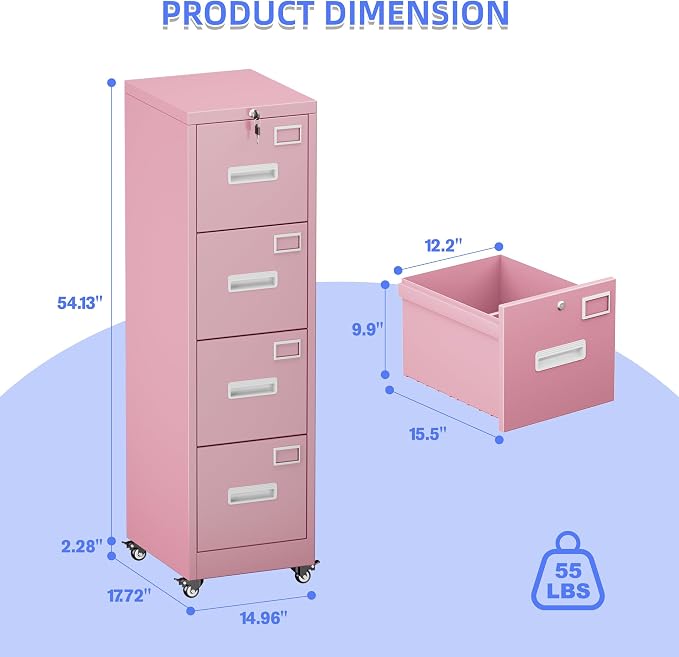 Aobabo 4 Drawer File Cabinet with Lock, Metal Vertical Filing Cabinet with Wheels, Anti-Tilt Interlock System, Locking Office Storage for Letter/Legal Files,Pink,Required Assembly
