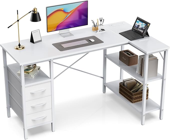 Simple Deluxe L Shaped Gaming Desk with Power Outlets, 47 Inch Computer Desk with 3 Drawers, Shelves, Corner Computer Desk for Gaming, Corner Work, Home Office, Study, White