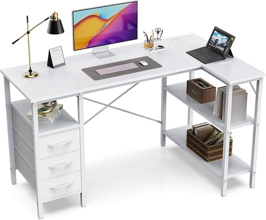 Simple Deluxe L Shaped Gaming Desk with Power Outlets, 47 Inch Computer Desk with 3 Drawers, Shelves, Corner Computer Desk for Gaming, Corner Work, Home Office, Study, White
