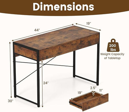 GOFLAME 44 Inch Computer Desk with 2 Drawers, Home Office Desk with Metal Frame, Small Study Writing Workstation with Storage, PC Laptop Table for Living Room, Bedroom, Study, Rustic Brown