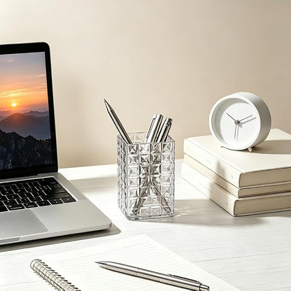 Lebenrich Acrylic Pen Holder Pencil Cup for Desk, 2 Pack Clear Makeup Brush Holder for Vanity, Cute Desk Organizer Office Supplies Accessories Container for Marker Bookmark Straw Coffee Stirrer