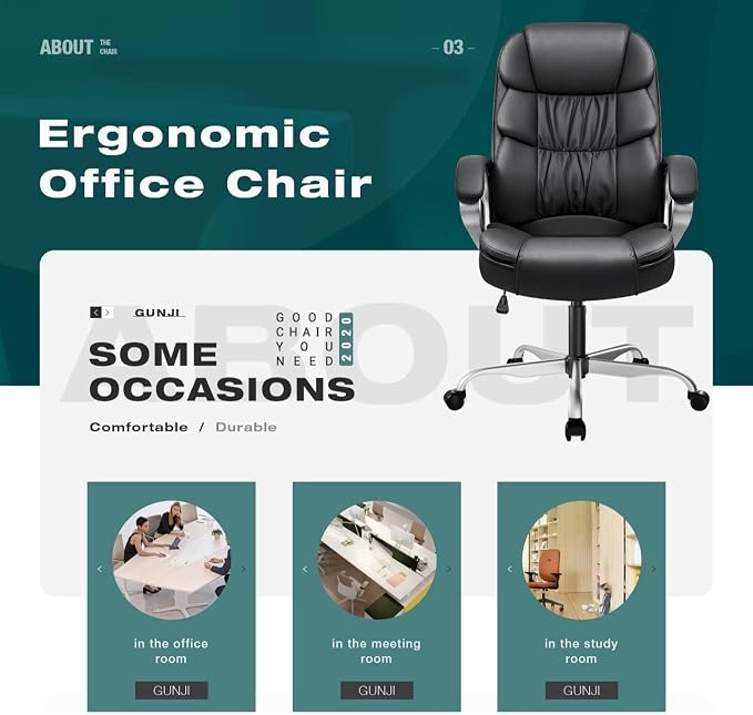 GUNJI Office Chair PU Leather High Back Executive Chair Ergonomic Computer Chair, Modern Adjustable Home Desk Chair Swivel Managerial Chair with Padded Armrests and Lumbar Support (Black)