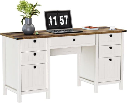 62 Inch Antique White Farmhouse Computer Desk | Center Drawer, 4 Storage Drawers (1 File Drawer) & Side Cabinet, Built-in USB Power Ports for Home Office & Bedroom Workspace