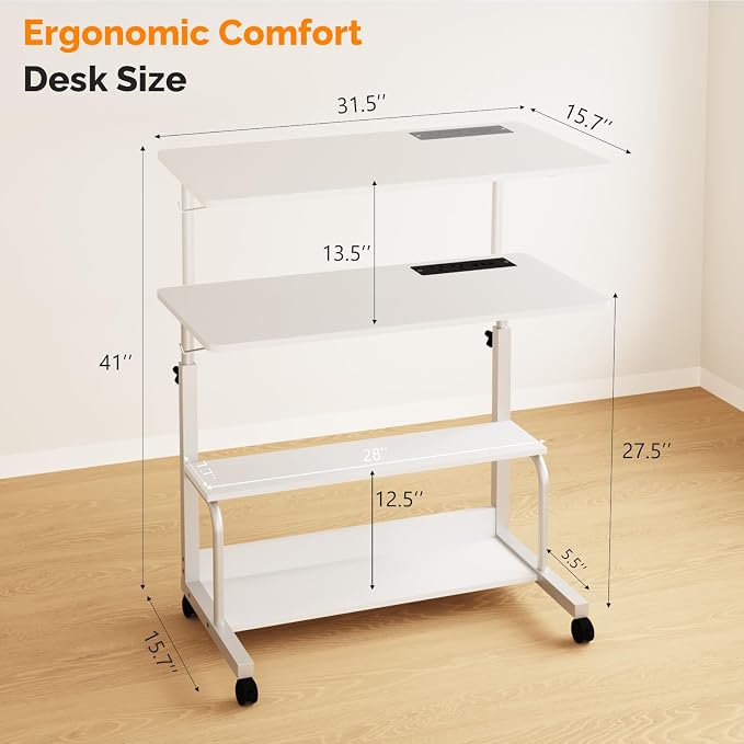 VINGLI 31.5" Mobile Small Standing Desk, Adjustable Height Mobile Computer Desk, w/2 AC Outlets + 3 USB Ports & Hooks, Storage Shelves, Suitable for Gaming, Studying, Home Office, White