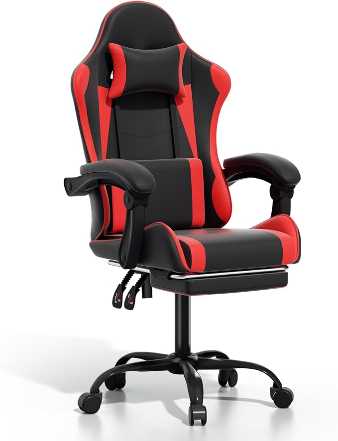 Gaming Chair, Ergonomic Computer Chairs with Arms, Lumbar Support, Footrest, Headrest 360°Swivel Chair, Adjustable Back and Height, Leather PC Chairs for Gaming, Study, Office, Black/Red