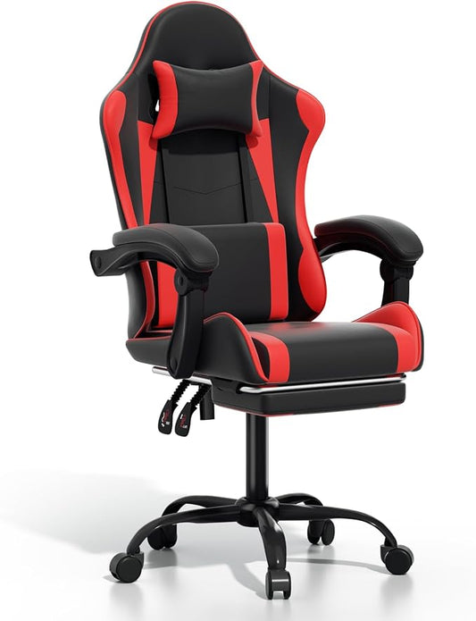 Gaming Chair, Ergonomic Computer Chairs with Arms, Lumbar Support, Footrest, Headrest 360°Swivel Chair, Adjustable Back and Height, Leather PC Chairs for Gaming, Study, Office, Black/Red