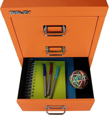 3-Drawer Steel MultiDrawer Cabinet - Orange, by Bisley | Chrome Pull Handles with Label Holders, Powder-Coated Steel, Removable Drawers, Desktop Storage, Labels Included