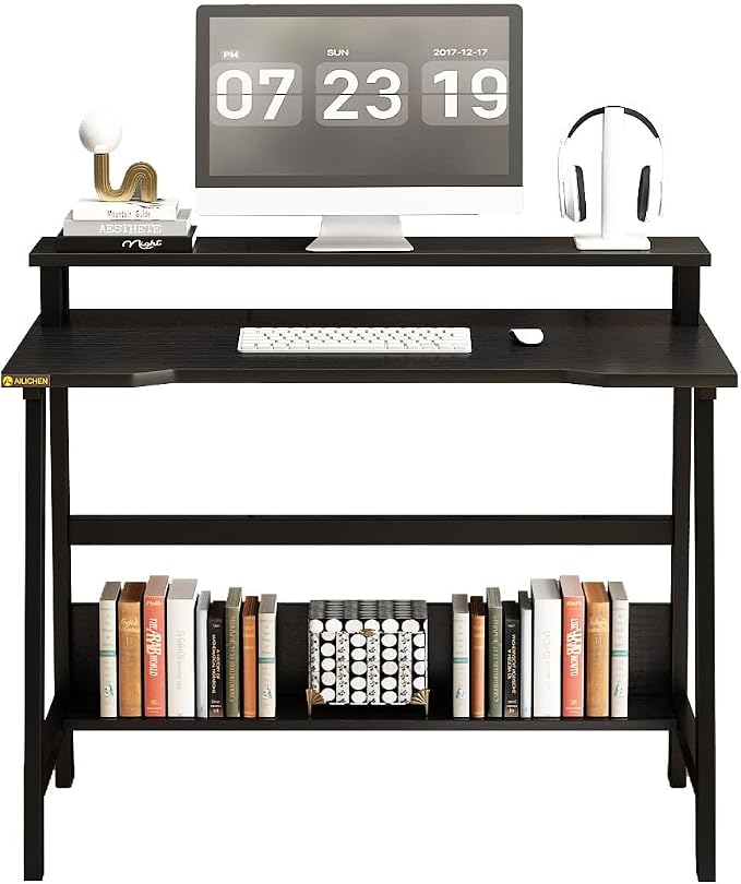 31.5 Inch Small Desk, Small Computer Desk for Small Spaces, Modern Writing Table with Monitor Storage Shelf, Compact Laptop Desk for Home Office and Study, Black