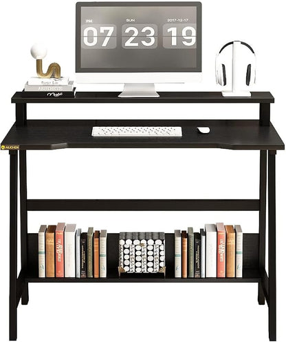31.5 Inch Small Desk, Small Computer Desk for Small Spaces, Modern Writing Table with Monitor Storage Shelf, Compact Laptop Desk for Home Office and Study, Black