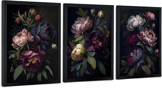 ICHZUMW Moody Peony Floral Canvas Wall Art Set of 3, Black Wood Framed Dark Academia Gothic Botanical Wall Decor, Ready to Hang Fade‑Resistant Flower Pictures for Bedroom Living Room Bathroom, 12×16in