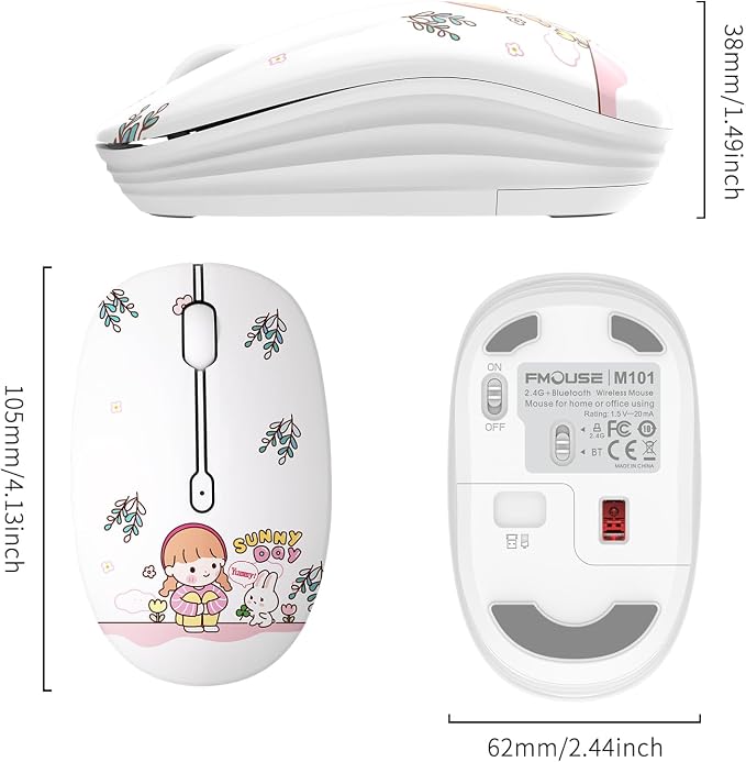 FMOUSE Cute Wireless Mouse Dual Mode with 2.4GHz USB Receiver and Bluetooth Connection for Laptop, iPad, Mac, AA Battery Silent Cartoon Cordless Mice for Kids and Students (Rabbit & Girl)