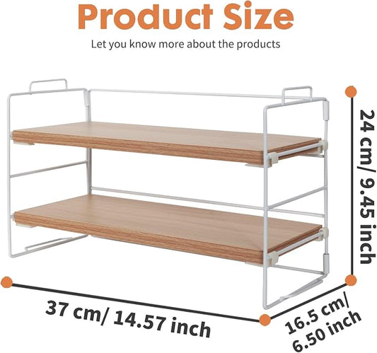 ShellKingdom Display Shelf for Figures, 2 Tier Desk Shelf Organizer, Desktop Shelves, Adjustable Bookshelf Storage Rack and Office Cubicle Decor for Tabletop, Office, Dorm (White Frame + Wood Board)