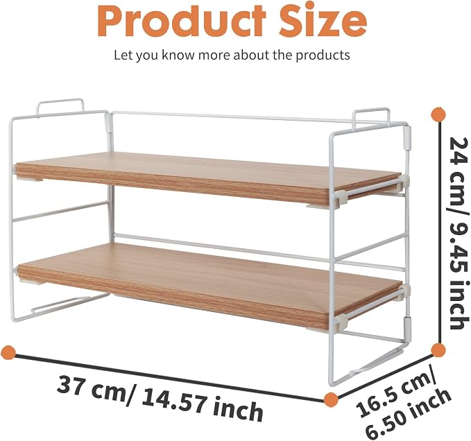 PowerKing Desk Shelf Organizer, 2-Tier Desktop Shelves with Wood Board, Adjustable Bookshelf Storage Rack for Home Office School Study Room (White Frame + Original Wood)