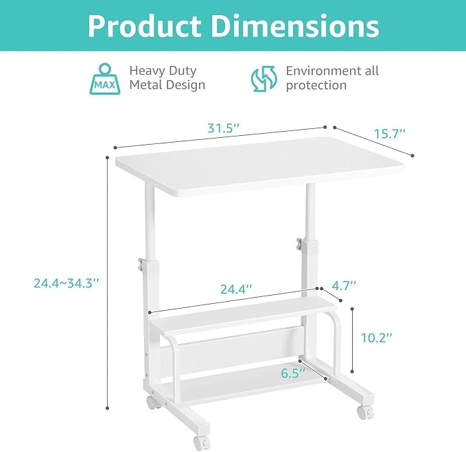 WINAZ Small Portable Laptop Rolling Desk - 32" Mobile Kids Desk with Wheels for Small Spaces, White，31.5"