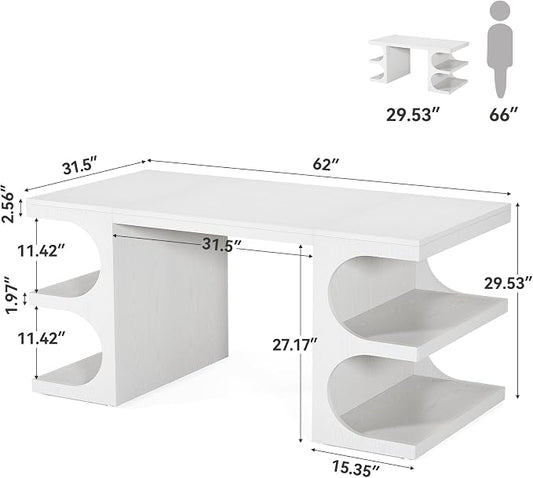 LITTLE TREE 62.2-Inch Executive Desk, Modern Home Office Desks, Office Table with Storage Shelves for Workspace, Large Computer Desk, Long Contemporary Writing Desk, White