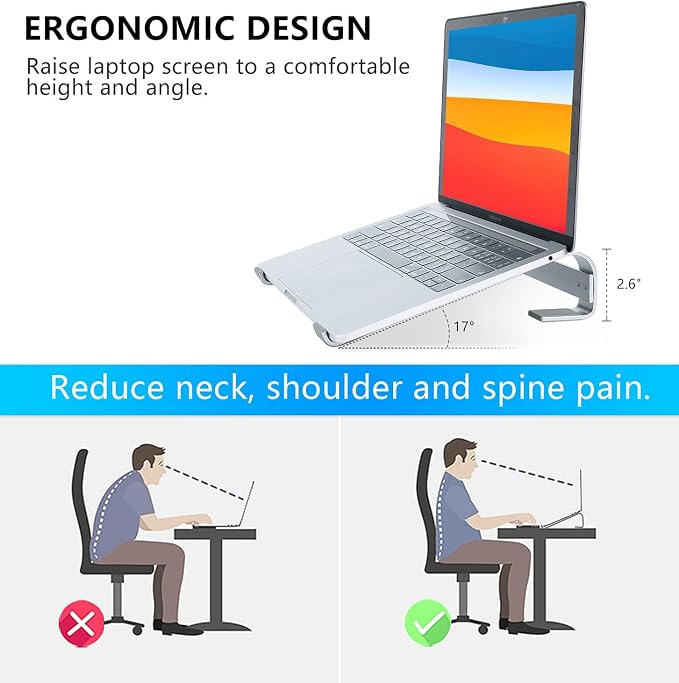 Ventilated Laptop Stand for Desk, Ergonomic Aluminum Laptop Riser, Computer Stand for Laptop, Compatible with MacBook Air Pro, Dell, HP, More 11-17.3 Inches Notebook, Work from Home (Silver)