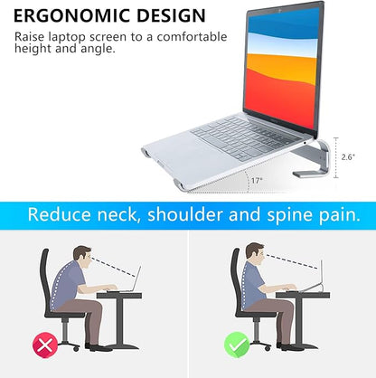 Ventilated Laptop Stand for Desk, Ergonomic Aluminum Laptop Riser, Computer Stand for Laptop, Compatible with MacBook Air Pro, Dell, HP, More 11-17.3 Inches Notebook, Work from Home (Silver)