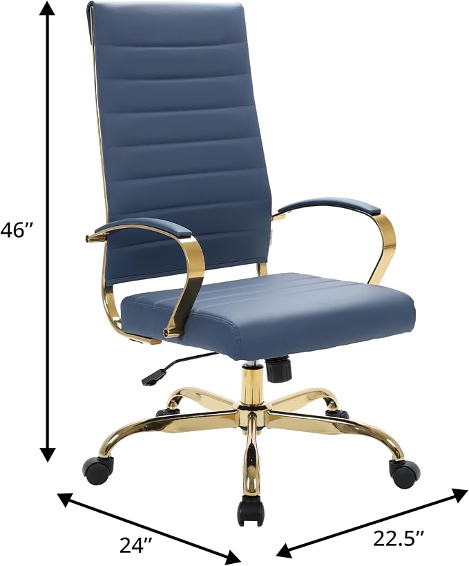 LeisureMod Modern High-Back Leather Office Chair - Swivel & Adjustable Executive Desk Chair with Gold Frame, Ergonomic Design for Home & Office (Navy Blue, Pallet (x30))