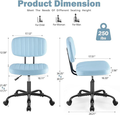 DUMOS Armless Home Office Executive Chair: Small Desk Chair with Low Back Lumbar Support, Height Adjustable PU Leather Computer Task with 360° Swivel Wheels, for Adults, Blue