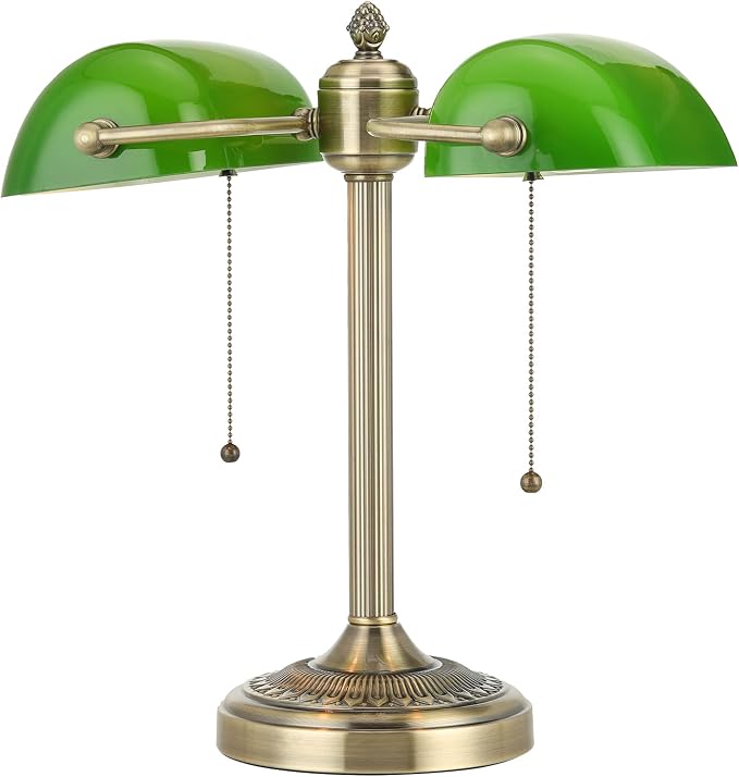 Green Double Head Glass Bankers Desk Lamp,Plug in | Pull Chain Switch Fixture for Library Office Cafe