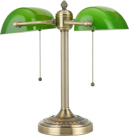 Green Double Head Glass Bankers Desk Lamp,Plug in | Pull Chain Switch Fixture for Library Office Cafe