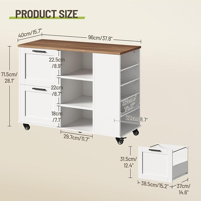 Lateral File Cabinet, 2 Drawers Mobile Filing Cabinet for Home Office, Printer Stand with Adjustable Open Shelves, with Locking Casters, fit Legal/Letter/A4 Files, Walnut and White