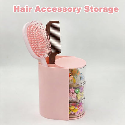 3-Tier Hair Accessories Organizer with Hair Brush Holder, Rotatable Makeup Brush Holder for Necklaces, Earring, Bracelet, Ring, Makeup Brushes, Hair Clip and Hair Accessories(Pink)