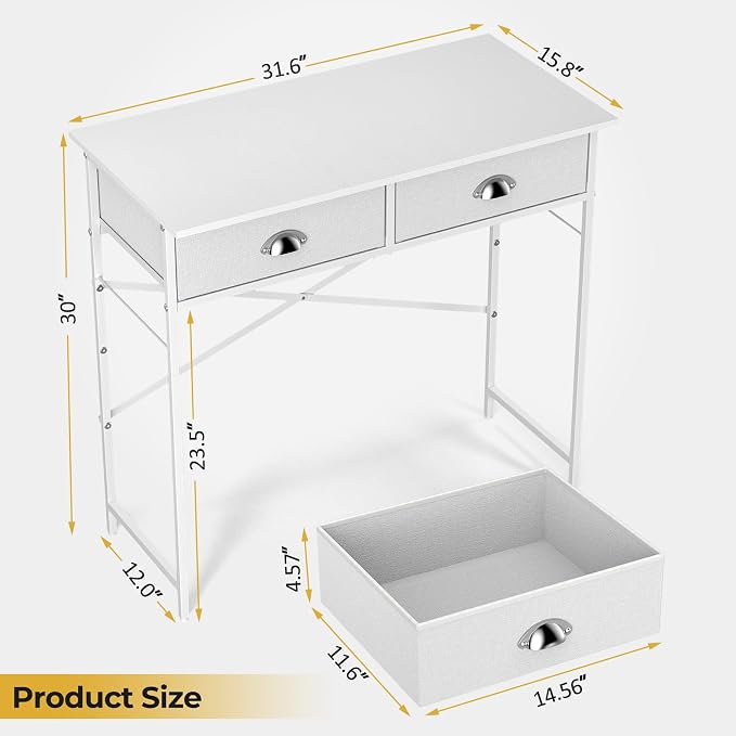 DAOUTIME Small Writing Desk for Kids Bedroom, 31.5 Inch Small Computer Desk for Small Spaces, Simple Desk with 2 Fabric Drawers for Home Office, Dorm, Living Room, Home Study Table, White