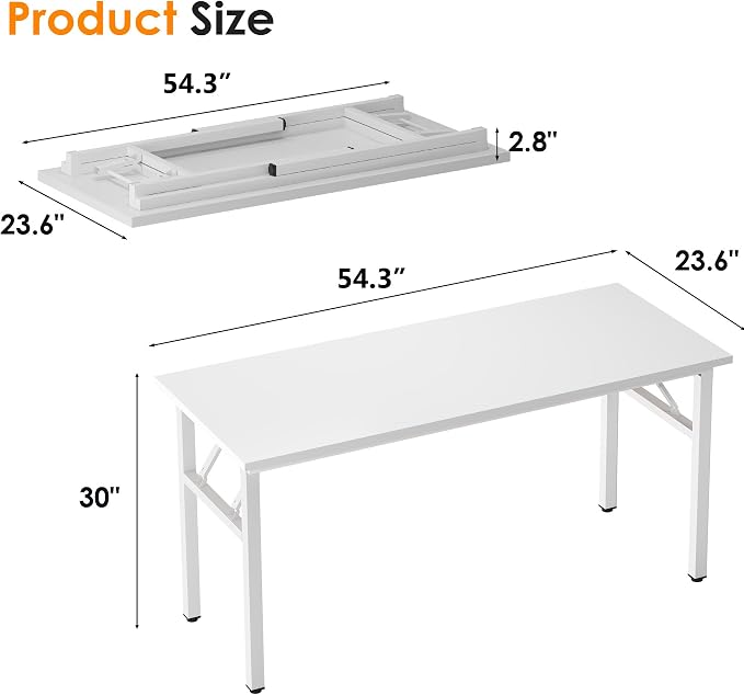 Need Folding Desk, 54 inch Large Computer Desk for Home Office, No Install Needed Study Student Writing Table Desk Workstation, White