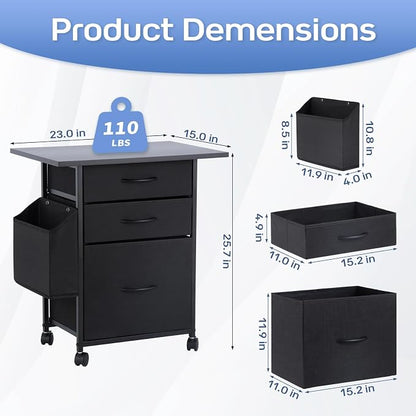 Printer Stand with 3 Fabric Drawer, Mobile File Cabinet for Home Office with Storage Bag, Rolling Under Desk Organizer Shelf, Fits A4 or Letter Size, Complete Top Plate Fast Assembly (Night Black)