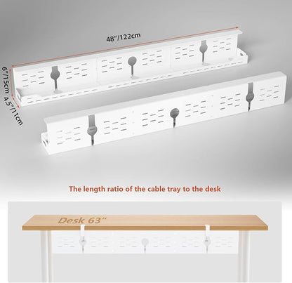 Univivi Under Desk Cable Management Tray - 48" Steel Cord Organizer, No-Drill C-Clamp & Screw Mount for Office/Home, Effortless Wire Management (White)