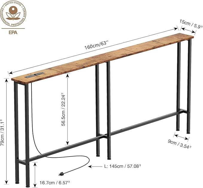 Keelian 63" Sofa Table Narrow Long - Power Outlets & 2 USB Ports, Metal Frame,Behind Couch Table Behind Sofa for Living Room, Hallway, Entrance- Easy Assembly, 4.9' Extension Cord Included.