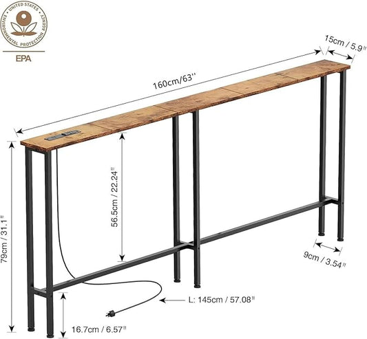 Keelian 63" Sofa Table Narrow Long - Power Outlets & 2 USB Ports, Metal Frame,Behind Couch Table Behind Sofa for Living Room, Hallway, Entrance- Easy Assembly, 4.9' Extension Cord Included.