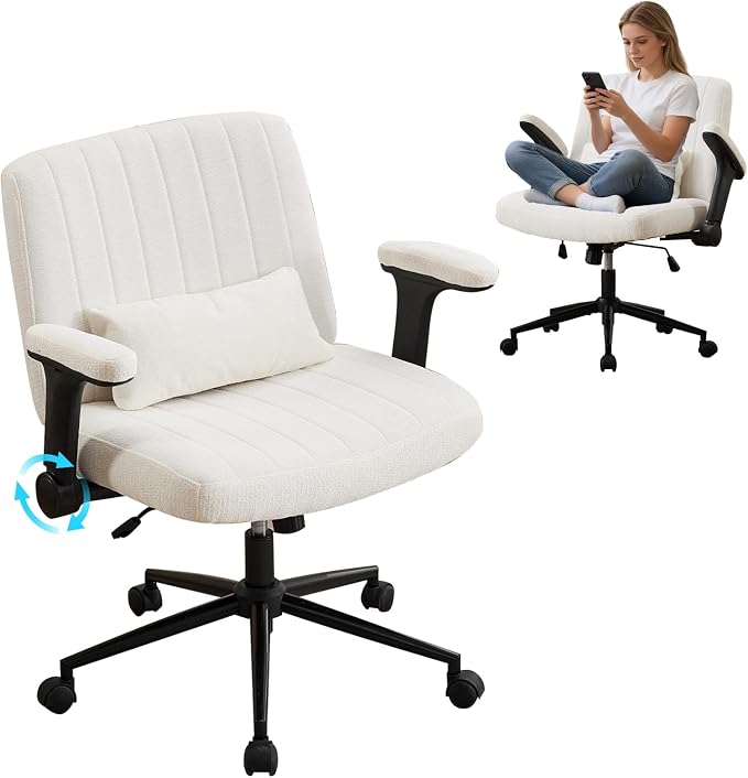 IPKIG Criss Cross Chair with Adjustable Flip-up Arms, Vanity Chair with Wheels, Comfy Desk Chair with Lumbar Pillow Swivel Wide Office Chair for Home Office, Bedroom, Chenille, Beige