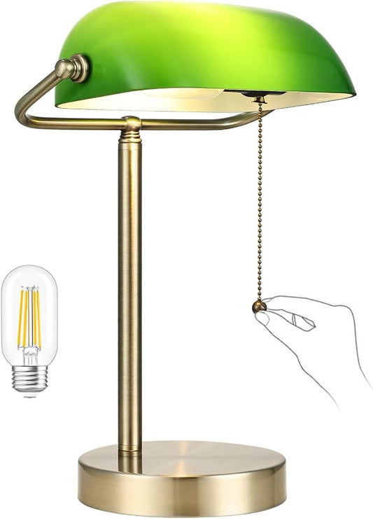 Traditional Green Glass Bankers Desk Lamp,LED Bulb Included | Pull Chain Switch Plug in Fixture