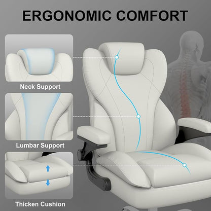 Office Chair, Home Desk Chair, Ergonomic Computer Chair with Lumbar Support, Executive Leather Chair with Flip-Up Armrests, Big and Tall Swivel Rolling Chair, White