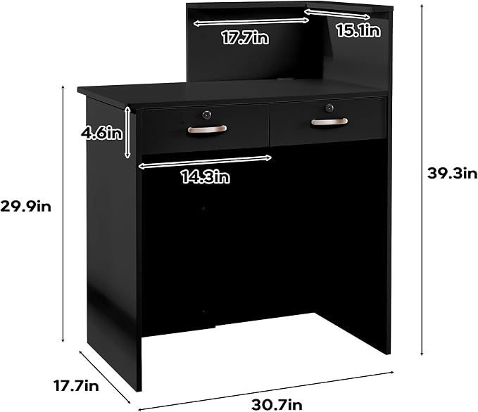 Small Reception Desk with Counter,Front Desk with Two Lockable Drawers,Cable Management Holes,Counter Table for Salon Lobby Office Home (Black, 17.7" D x 30.7" W x 39.3" H)
