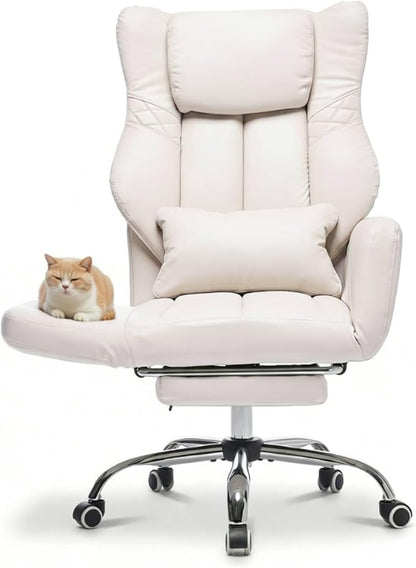 High Back Executive Office Chair with Footrest, Reclining PU Leather, Lumbar Support, Criss Cross Style, 155° Recline (Beige)