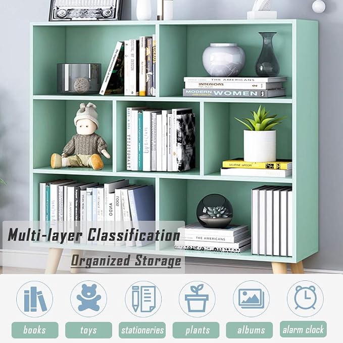 IOTXY Wooden Open Shelf Bookcase - 3-Tier Floor Standing Display Cabinet Rack with Legs, 7 Cubes Bookshelf, Tiffany-Green