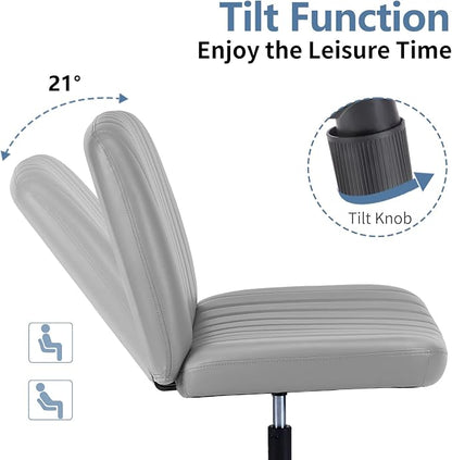 DUMOS Criss Cross Chair No Wheels, Wide Seat Cross Legged Office Desk Vanity Chair, Faux Leather Armless Height Adjustable Swivel Task Computer Chairs for Home, Study, Grey PU