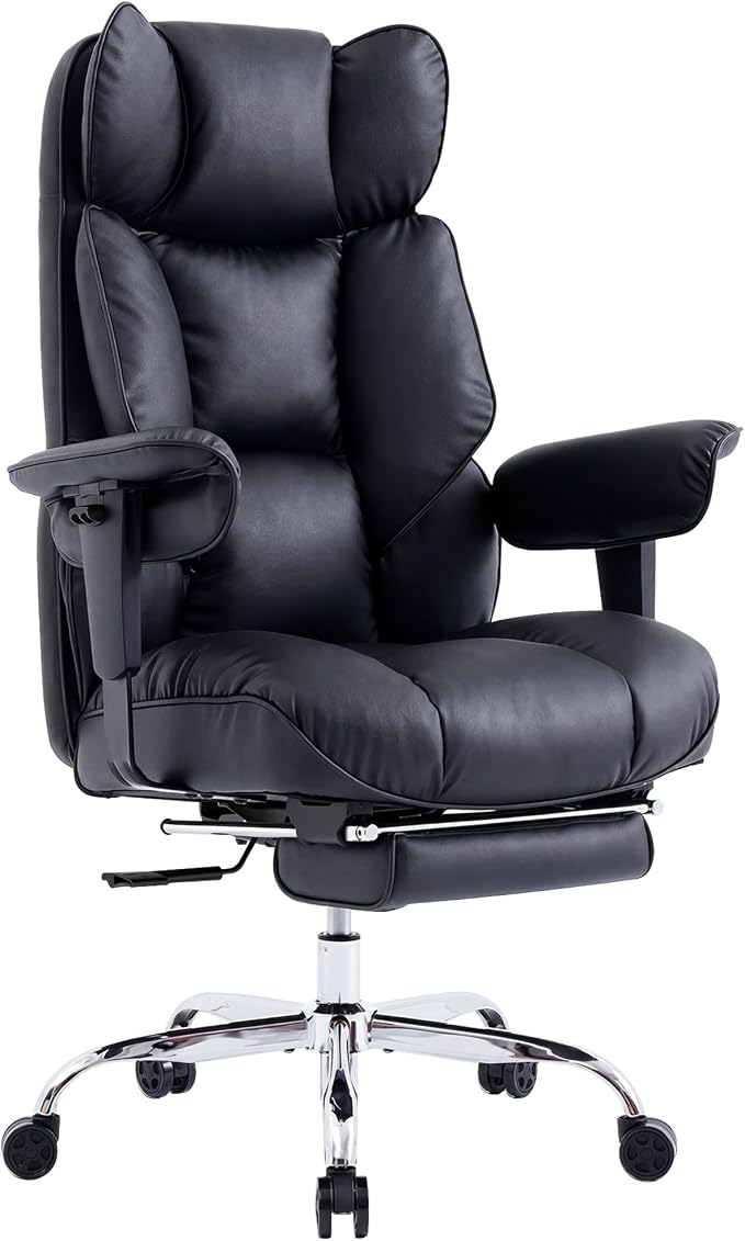 Efomao Executive Office Chair 400lbs, Black Big and Tall Desk Chair | Mattress-grade pocket spring cushion, sleek leather, 135° recline & footrest for computer gaming setup.