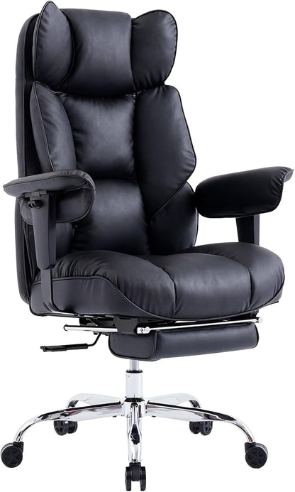 Efomao Executive Office Chair 400lbs, Black Big and Tall Desk Chair | Mattress-grade pocket spring cushion, sleek leather, 135° recline & footrest for computer gaming setup.