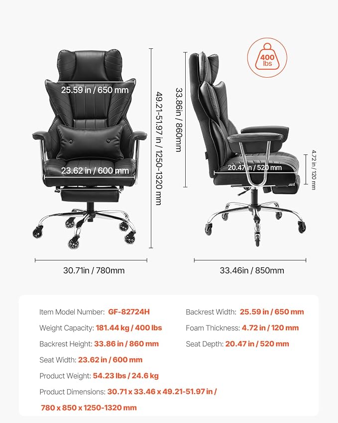 VEVOR Executive Office Chair with Footrest, 400lb Capacity Oversize Office Chair with Lumbar Pillow & Removable Armrests, Heavy Duty Ergonomic Chair, PU Leather Reclining Home Office Desk Chair, Black