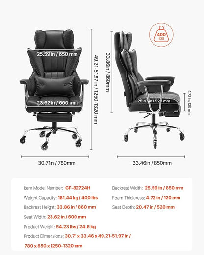 VEVOR Executive Office Chair with Footrest, 400lb Capacity Oversize Office Chair with Lumbar Pillow & Removable Armrests, Heavy Duty Ergonomic Chair, PU Leather Reclining Home Office Desk Chair, Black