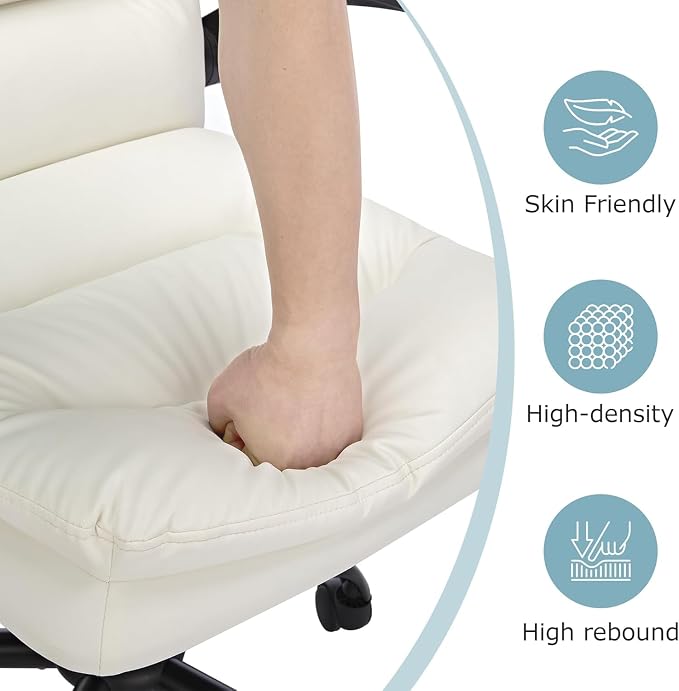 VECELO Ergonomic Swivel Office Desk Chair with Flip-up Armrest and Adjustable Height, Lumbar Support & PU Leather Thickened Cushion, for Computer Task Work, White