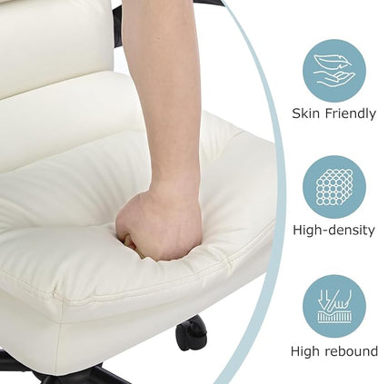 VECELO Ergonomic Swivel Office Desk Chair with Flip-up Armrest and Adjustable Height, Lumbar Support & PU Leather Thickened Cushion, for Computer Task Work, White