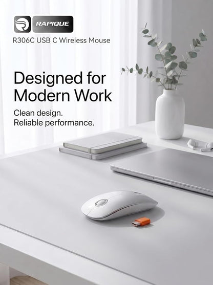 RAPIQUE USB C Wireless Mouse for MacBook Air/Pro, Silvery Slim Mouse, Silent Click, 3-Speed DPI, 480 Hours Battery Life, Portable 2.4GHz Type C Wireless Mouse for USB-C Devices, Laptops, Mac, macOS