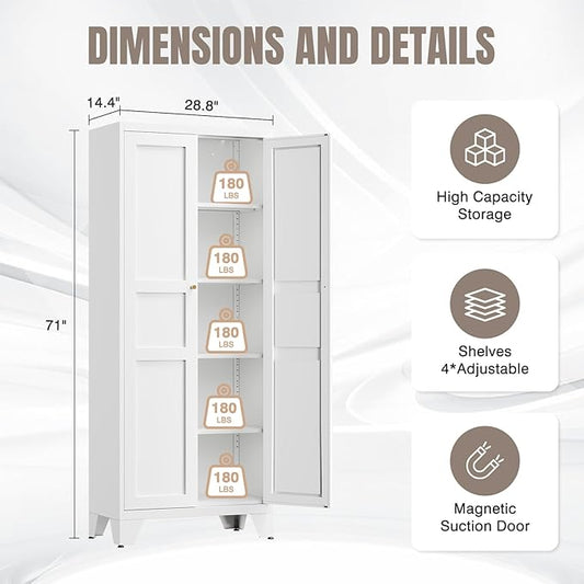 Yizosh Metal Storage Cabinet with 2 Doors and 4 Adjustable Shelves - 71" White Kitchen Pantry Storage 4-Tier Tall Steel Cabinets Locker for Kitchen, Living Room, Dining Room