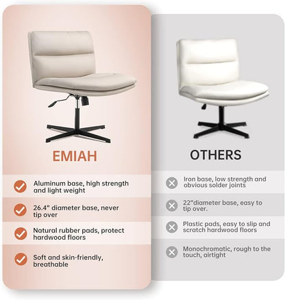 EMIAH Armless Office Desk Chair No Wheels PU-Padded Vanity Mid-Back Ergonomic Home Computer Comfortable Adjustable Swivel Task Chair with Thickened Cushion